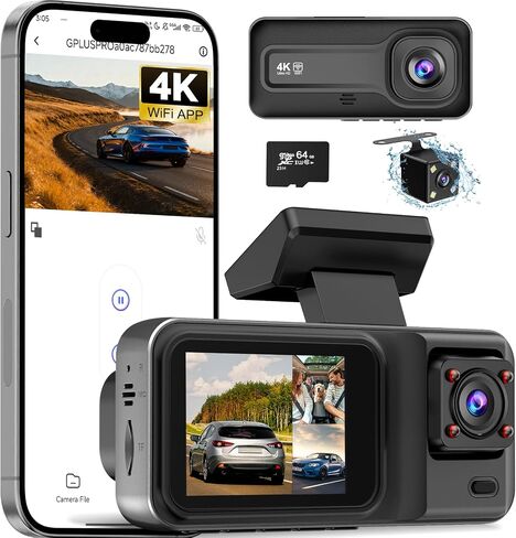 3 Channel 4K Dash Cam with 5GHz WiFi & APP Control, 4K+1080P+1440P Dash Cam Front and Rear Inside with 64GB Card, Dash Camera for Cars with Night Vision, Loop Recording, 24H Parking Mode, G-Sensor in Kuwait