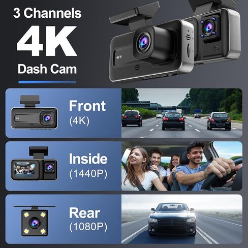 3 Channel 4K Dash Cam with 5GHz WiFi & APP Control, 4K+1080P+1440P Dash Cam Front and Rear Inside with 64GB Card, Dash Camera for Cars with Night Vision, Loop Recording, 24H Parking Mode, G-Sensor in Kuwait
