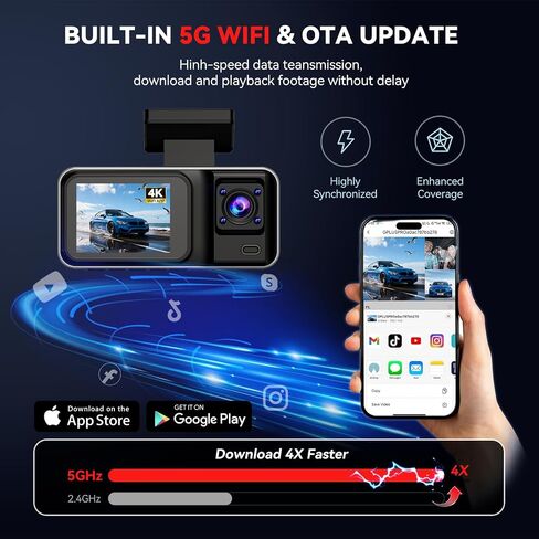 3 Channel 4K Dash Cam with 5GHz WiFi & APP Control, 4K+1080P+1440P Dash Cam Front and Rear Inside with 64GB Card, Dash Camera for Cars with Night Vision, Loop Recording, 24H Parking Mode, G-Sensor in Kuwait