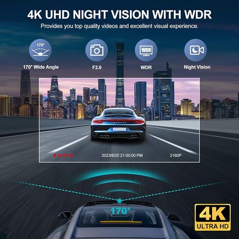 3 Channel 4K Dash Cam with 5GHz WiFi & APP Control, 4K+1080P+1440P Dash Cam Front and Rear Inside with 64GB Card, Dash Camera for Cars with Night Vision, Loop Recording, 24H Parking Mode, G-Sensor in Kuwait