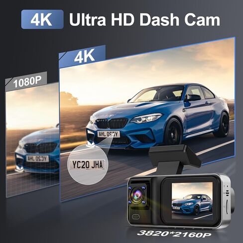 3 Channel 4K Dash Cam with 5GHz WiFi & APP Control, 4K+1080P+1440P Dash Cam Front and Rear Inside with 64GB Card, Dash Camera for Cars with Night Vision, Loop Recording, 24H Parking Mode, G-Sensor in Kuwait