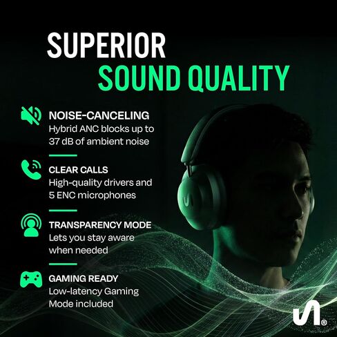 The Next Sound by Tiësto Noise Cancelling Headphones Wireless Bluetooth, MX41H Over Ear Headphones with Microphone, Hybrid ANC, 40H Playtime, Foldable Headset with AUX & Low Latency Gaming Mode in Kuwait