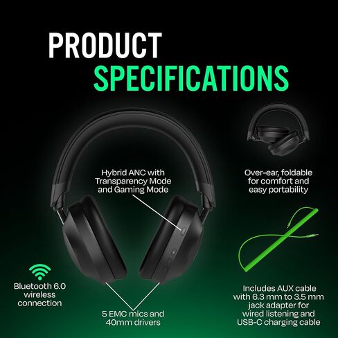 The Next Sound by Tiësto Noise Cancelling Headphones Wireless Bluetooth, MX41H Over Ear Headphones with Microphone, Hybrid ANC, 40H Playtime, Foldable Headset with AUX & Low Latency Gaming Mode in Kuwait