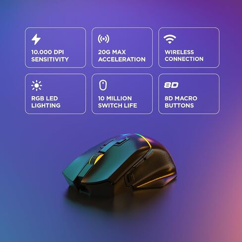Rampage M3 Wireless Gaming Mouse. 10000 DPI, Tri Mode USB C, Bluetooth, 2.4GHz. 55 hr Battery Life RGB Mouse Designed for Mouse Gamers - Black. in Kuwait