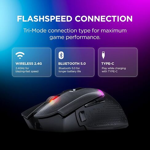 Rampage M3 Wireless Gaming Mouse. 10000 DPI, Tri Mode USB C, Bluetooth, 2.4GHz. 55 hr Battery Life RGB Mouse Designed for Mouse Gamers - Black. in Kuwait
