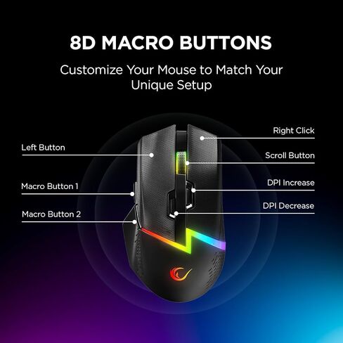 Rampage M3 Wireless Gaming Mouse. 10000 DPI, Tri Mode USB C, Bluetooth, 2.4GHz. 55 hr Battery Life RGB Mouse Designed for Mouse Gamers - Black. in Kuwait