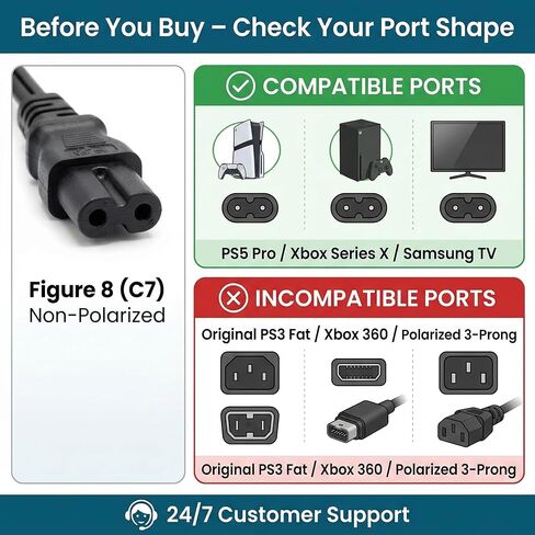 ETL Listed 18AWG PS5 Pro Power Cord – 5FT Universal C7 Figure 8 Replacement AC Cable for PlayStation 5/4/3 Slim, Xbox Series X/S, Xbox One X/S, Samsung TV, LG Monitor, Printer – 2 Prong Non-Polarized in Kuwait