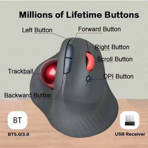 Dual Mode Wireless Vertical Computer Trackball Mouse, Ergonomic Bluetooth Thumb-Control Mouse with Quiet Clicks Ergonomic Design Adjustable CPI ,Built-in 500mAh Battery Rechargeable for PC/Mac/Laptop in Kuwait
