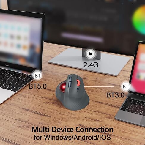 Dual Mode Wireless Vertical Computer Trackball Mouse, Ergonomic Bluetooth Thumb-Control Mouse with Quiet Clicks Ergonomic Design Adjustable CPI ,Built-in 500mAh Battery Rechargeable for PC/Mac/Laptop in Kuwait