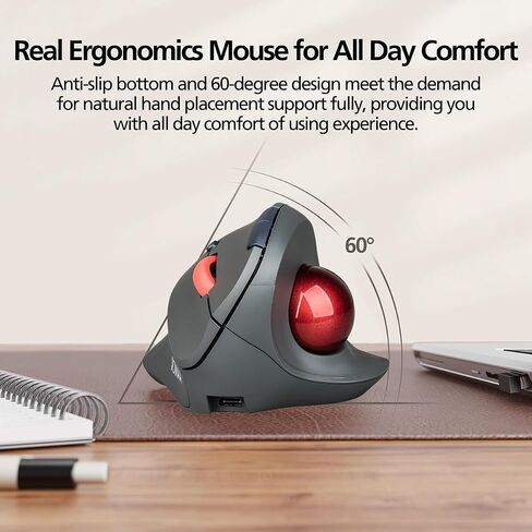 Dual Mode Wireless Vertical Computer Trackball Mouse, Ergonomic Bluetooth Thumb-Control Mouse with Quiet Clicks Ergonomic Design Adjustable CPI ,Built-in 500mAh Battery Rechargeable for PC/Mac/Laptop in Kuwait