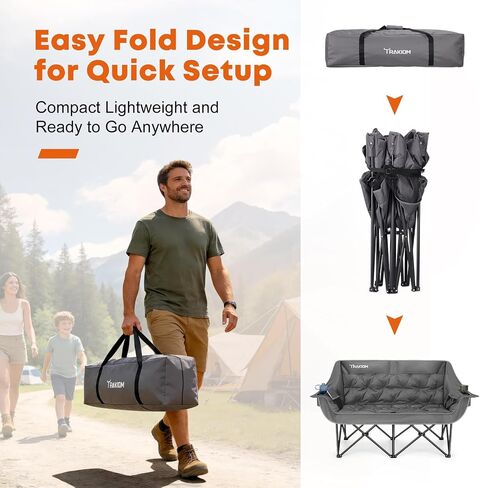 Trakiom Double Camping Chair, Oversized with Cup Holders, Grey in Saudi Arabia