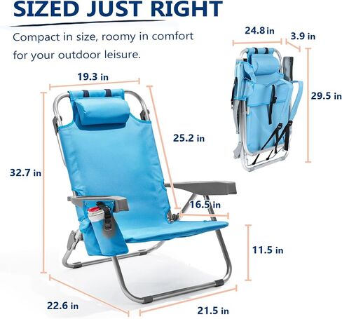 PASAMIC Backpack Beach Chairs for Adults 2 Pack Portable, Lay Flat Reclining Beach Chairs with 5 Positions, Tall Heavy Duty Folding Chair with Cup Holder, Cooler Pouch, Towel Bar, Blue in Kuwait