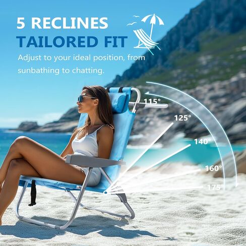 PASAMIC Backpack Beach Chairs for Adults 2 Pack Portable, Lay Flat Reclining Beach Chairs with 5 Positions, Tall Heavy Duty Folding Chair with Cup Holder, Cooler Pouch, Towel Bar, Blue in Kuwait