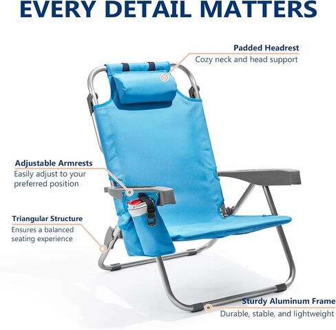 PASAMIC Backpack Beach Chairs for Adults 2 Pack Portable, Lay Flat Reclining Beach Chairs with 5 Positions, Tall Heavy Duty Folding Chair with Cup Holder, Cooler Pouch, Towel Bar, Blue in Kuwait