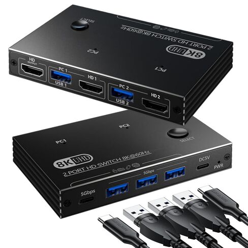 8K@60Hz KVM Switch 1 Monitors 2 Computers - 8K Hd Mi KVM Switcher for Two Computers with 4 USB 3.0 A/C Port Share One Monitor Keyboard Mouse Printer U-Drive, with EDID Adaptive and 2*USB Cables in Kuwait