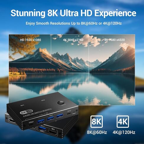 8K@60Hz KVM Switch 1 Monitors 2 Computers - 8K Hd Mi KVM Switcher for Two Computers with 4 USB 3.0 A/C Port Share One Monitor Keyboard Mouse Printer U-Drive, with EDID Adaptive and 2*USB Cables in Kuwait