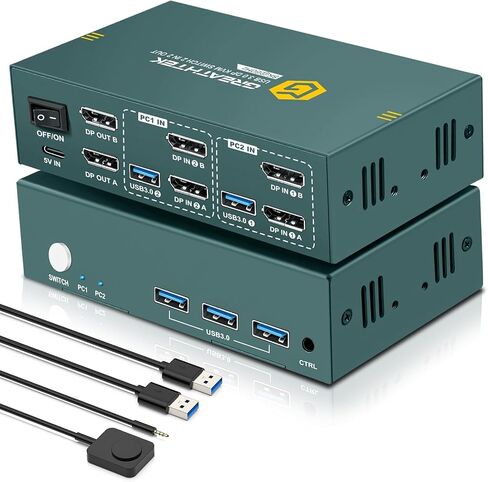 8K@60Hz Displayport KVM Switch 2 Monitors 2 Computers USB 3.0, 4K@240Hz KVM Switch Displayport with 3 USB 3.0 Ports Sharing Keyboard and Mouse, Printer/Scanner, Desktop Controller in Kuwait