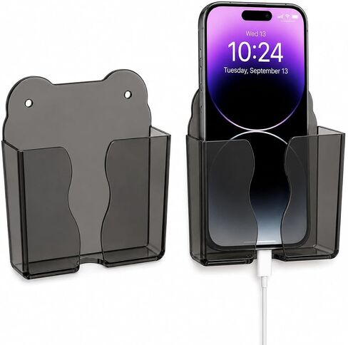 2PCS Wall Phone Holder, Adhesive Cell Phone Wall Mount Stand, 3.6 x 4.1 in, Semi-Transparent Phone Shelf Organizer with Charging Slot, Stick-On or Screw Mount for iPhone (Yellow and translucent) in Kuwait