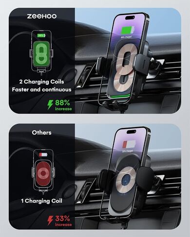 ZEEHOO Wireless Car Charger, DUOXX Dual Coils 15W Fast Charging Auto-Clamping Car Mount, Dashboard, Vent Charging Phone Holder for iPhone 17 16 15 14 13 12, S23 Ultra, Z Flip4 3, etc in Kuwait