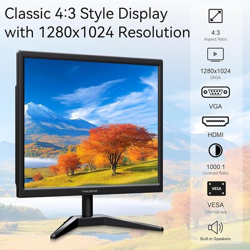 17 Inch Computer Monitor, 4:3 1280x1024 Small Desktop Square Monitor with VGA HDMI, VESA Wall Mountable, Built-in Speakers for Office POS Raspberry Pi Industrial in Kuwait
