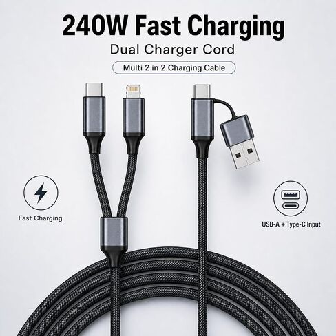 Multi Charging Cable Braided Fast Charging Cord, USB A & USB C Input, Dual Output L & Type C Multi Charger Cable for iPhone Android Samsung Tablet in Kuwait
