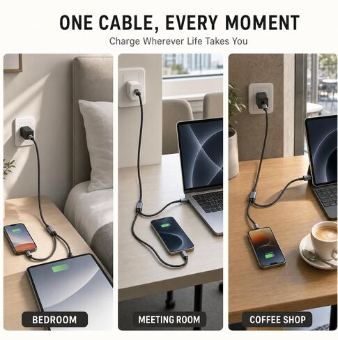 Multi Charging Cable Braided Fast Charging Cord, USB A & USB C Input, Dual Output L & Type C Multi Charger Cable for iPhone Android Samsung Tablet in Kuwait