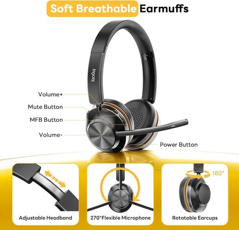Bluetooth Headset, Wireless Headset with Mic for Work, Bluetooth 5.3, Wireless Headphones with AI Noise Cancelling Microphone (Clear Calls & Mic Mute), USB Dongle, for Computer/PC/Laptop/Zoom in Kuwait