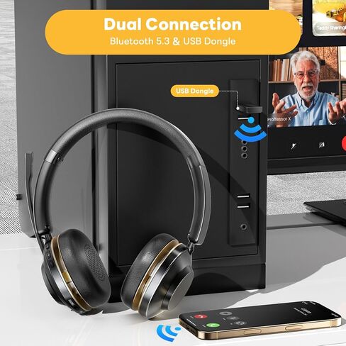 Bluetooth Headset, Wireless Headset with Mic for Work, Bluetooth 5.3, Wireless Headphones with AI Noise Cancelling Microphone (Clear Calls & Mic Mute), USB Dongle, for Computer/PC/Laptop/Zoom in Kuwait