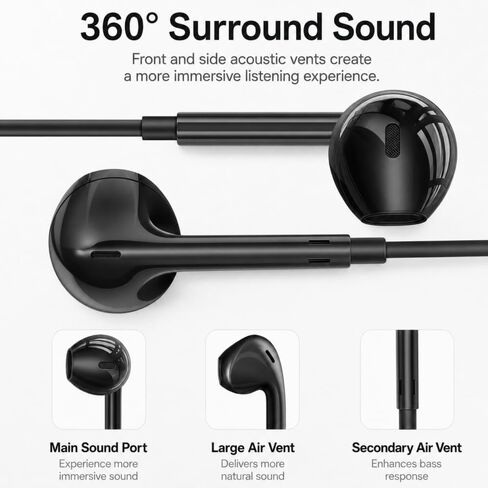 3.5mm Wired Earphones with Built-in Microphone, Ergonomic Fit, HD Call Clear Voice, Inline Remote Volume Control, for Smartphones Desktop Laptop Tablet, Black in Kuwait