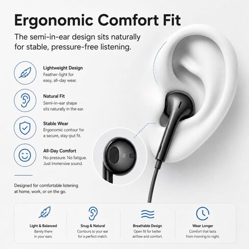 3.5mm Wired Earphones with Built-in Microphone, Ergonomic Fit, HD Call Clear Voice, Inline Remote Volume Control, for Smartphones Desktop Laptop Tablet, Black in Kuwait
