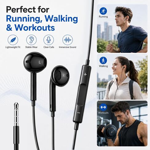 3.5mm Wired Earphones with Built-in Microphone, Ergonomic Fit, HD Call Clear Voice, Inline Remote Volume Control, for Smartphones Desktop Laptop Tablet, Black in Kuwait