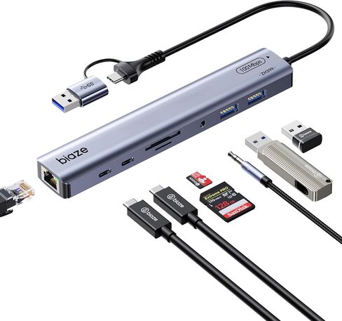9-in-1 USB/USB C Hub Adapter for MacBook, iPhone,3 USB Ports (2xUSB 3.0, USB 2.0), 100M Ethernet, SD/TF Card Reader, 3.5mm Audio, 2X USB-C Data Ports,No Driver Required in Kuwait