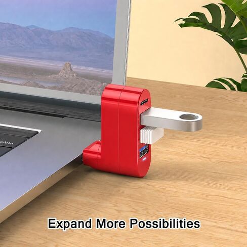 VIENON 4-Port USB C Hub [90°/180° Degree Rotatable], USB C Adapter Splitter with PD-in 5W Port, USB Extender for MacBook, iMac, Surface, and More C Port Laptop(Not for Car)-Red in Kuwait