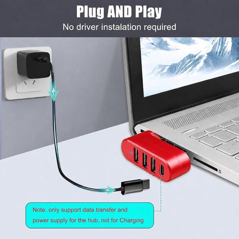 VIENON 4-Port USB C Hub [90°/180° Degree Rotatable], USB C Adapter Splitter with PD-in 5W Port, USB Extender for MacBook, iMac, Surface, and More C Port Laptop(Not for Car)-Red in Kuwait