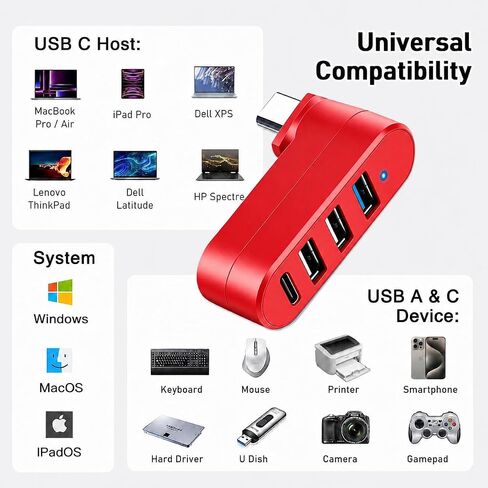 VIENON 4-Port USB C Hub [90°/180° Degree Rotatable], USB C Adapter Splitter with PD-in 5W Port, USB Extender for MacBook, iMac, Surface, and More C Port Laptop(Not for Car)-Red in Kuwait