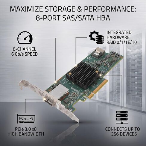 GOWENIC PCIe 3.0 X8 6Gbs HBA Controller Card, 8 Port SAS Serial ATA Controller with SFF-8087 SFF-8088, Support for, Hardware 0/1/1E/10, 256 Device Support, Low Power in Kuwait