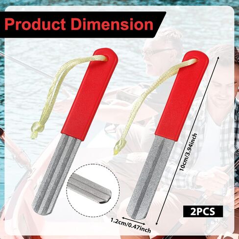 2 PCS Fishing Hook Sharpener, Diamond File Fish Hook Sharpener with Handle, Portable Double Sided Fine and Medium Grit Hook Sharpener for Saltwater Freshwater Ice Fishing Tools(Red) in Kuwait