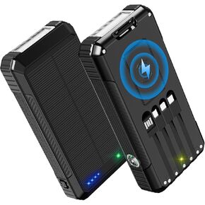 Solar Power Bank 49800mAh, Portable Charger with Built-in 4 Cables, 22.5W Fast Charging Solar Panel Charger for Traveling, Camping and Emergency(Pink) in Kuwait