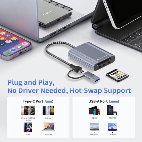 CFexpress Type B Card Reader with USB 3.2 Gen 2 10Gbps & USB-C/USB-A 2-in-1 Type B CFexpress Adapter, Compatible with Windows/Mac/Linux/Android, for iPhone 17/16/15, Laptops, Tablets, Smartphones in Kuwait