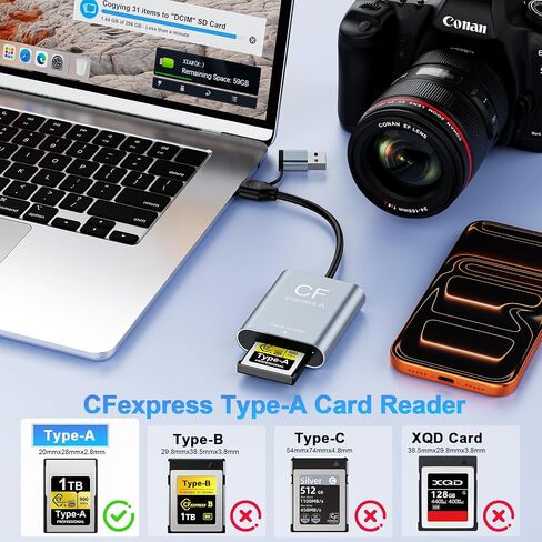 CFexpress Type A Card Reader USB 3.2 Gen 2 10Gbps, 2-in-1 USB-C & USB-A Adapter, Portable CFexpress Type A Adapter for Windows/Mac/Linux/Android, iPhone/iPad, Laptops & Tablets in Kuwait