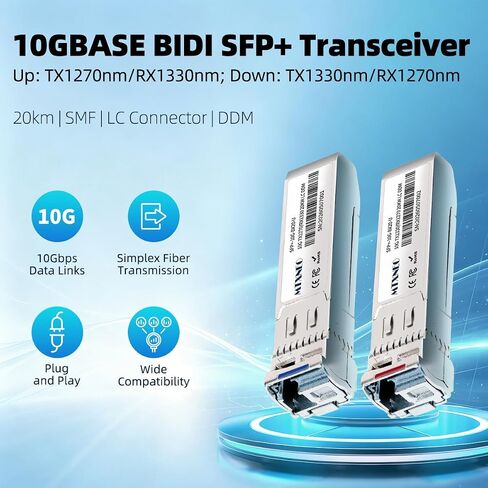 A Pair of 10G SFP+ Bidi Transceiver LC Single-Mode 20km Single Fiber Module 10GBASE-BIDI 1270nm/1330nm for Cisco, Ubiquiti UniFi, Mikrotik, and More in Kuwait