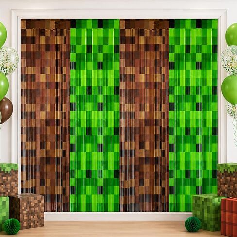 2 Pack Pixel Miner Foil Fringe Curtains Miner Birthday Decorations for Boys in Kuwait