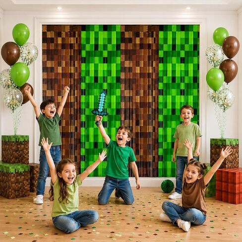 2 Pack Pixel Miner Foil Fringe Curtains Miner Birthday Decorations for Boys in Kuwait