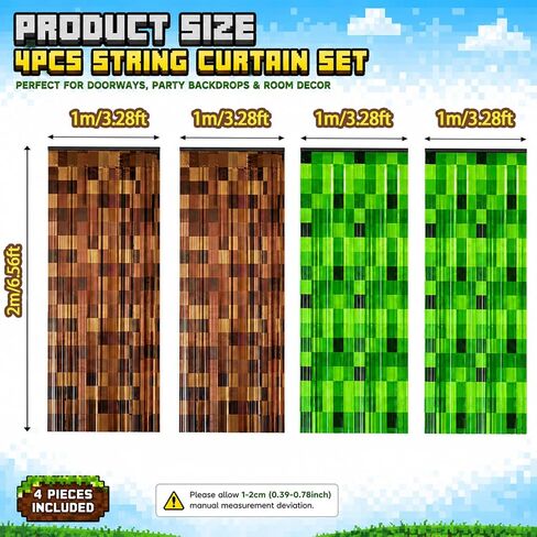 2 Pack Pixel Miner Foil Fringe Curtains Miner Birthday Decorations for Boys in Kuwait