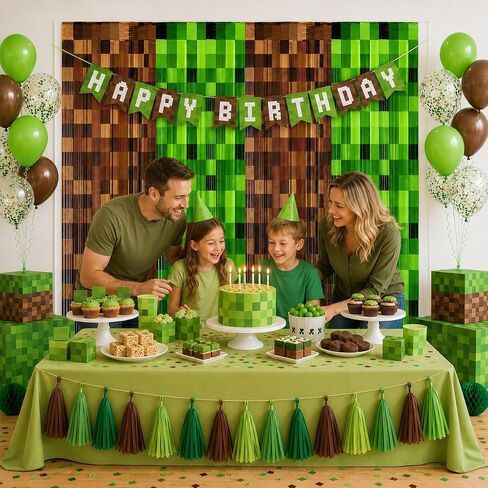 2 Pack Pixel Miner Foil Fringe Curtains Miner Birthday Decorations for Boys in Kuwait