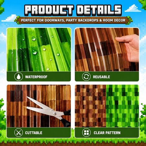 2 Pack Pixel Miner Foil Fringe Curtains Miner Birthday Decorations for Boys in Kuwait