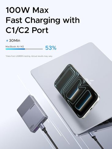 UGREEN Nexode Air 100W USB C Charger Flat Design Ultra Slim and Foldable Plug, Compact GaN Fast 3-Port Charging, PD Type-C Power Adapter Compatible with MacBook, iPhone 17 Pro Max, Galaxy, Grey in Kuwait