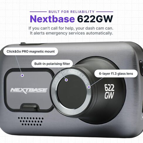 Nextbase 622GW Dash Cam Full 4K/30fps UHD Recording in Car DVR Camera- 140° Front- Wi-Fi, GPS, Bluetooth- Super Slow Motion @ 120fps- Image Stabilisation- what3words- Night Vision- Alexa Built-in in Kuwait