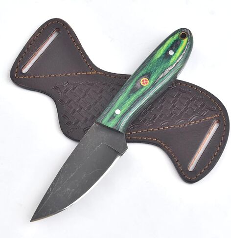 Handmade Damascus Steel Hunting Knife with Leather Sheath, Fixed Blade, Blue Wood Handle, Cowboy Style, Outdoor Skinning (Walnut Wood) in Kuwait