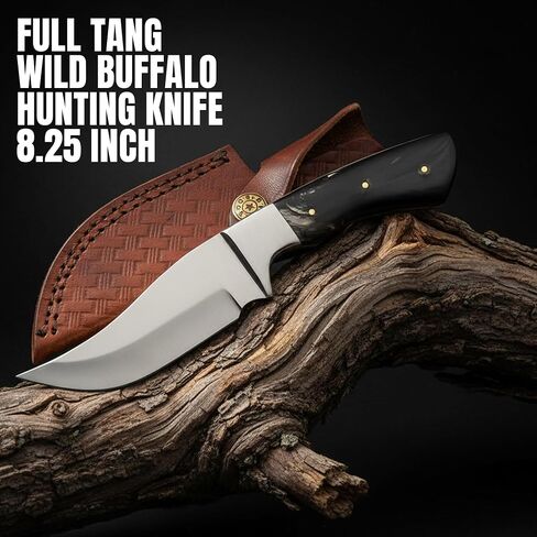 SZCO Full Tang Wild Buffalo Hunting Knife 8.25 Inch - Camping Knife with Horn Handle, Stainless Steel Blade & Sheath - Pocket Knife for Hunting, Camping & Outdoor uses - Knives for Men in Kuwait